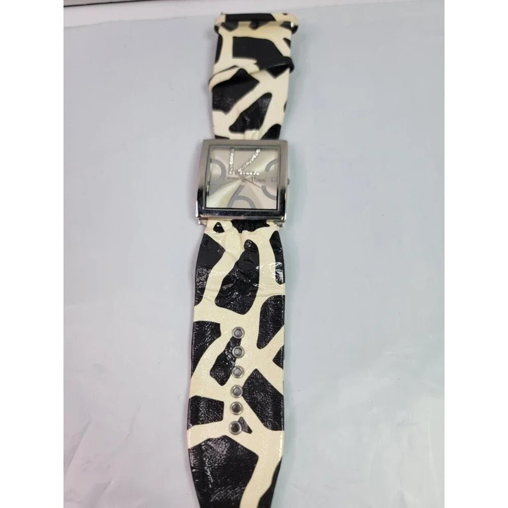Vivani K1181 Quartz Watch Silver Tone Square Case Animal Print Wide Band